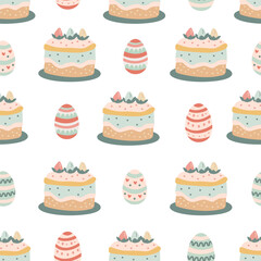 Seamless pattern with decorative Easter eggs and cakes on white background. Vector illustration in hand drawn flat style, pastel colors for wrapping paper, festive textile
