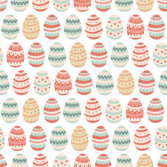 Seamless pattern with decorative Easter eggs on white background. Vector illustration in hand drawn flat style, pastel colors for wrapping paper, festive textile