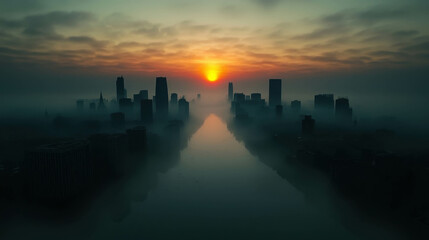 Fototapeta premium Polluted Industrial Cityscape at Dawn with Thick Fog and Hazy Sunrise