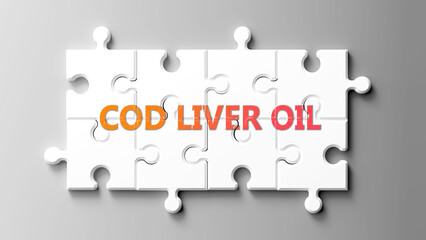 Cod Liver Oil complex like a puzzle - pictured as word cod liver oil on a puzzle pieces to show that cod liver oil is complex and needs cooperating pieces that fit together. ,3d illustration