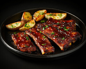 Platter of Smoky Barbecue Lamb Ribs Sizzling with a Glaze