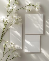 Elegant white wedding stationery mockups, featuring an invitation, table card, and RSVP, with a soft light refraction caustic effect on a gray background in a flat lay arrangement