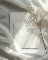 Elegant white wedding stationery mockups, featuring an invitation, table card, and RSVP, with a soft light refraction caustic effect on a gray background in a flat lay arrangement