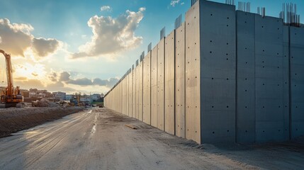 A durable prefab concrete wall with reinforced sections, enclosing a large construction site.