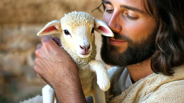 Jesus Holding Lamb with Warmth and Love