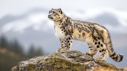 Fototapeta premium snow leopard majesty: a stunning portrait of the elusive mountain predator on its rocky perch