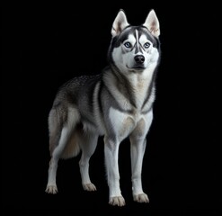 Stunning siberian husky with piercing blue eyes against black background