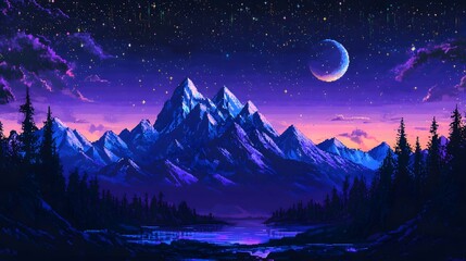 Breathtaking Mountain Landscape at Night with Stars and Moon Over a Tranquil Lake in Majestic Purple and Blue Hues Ideal for Nature and Adventure Themes