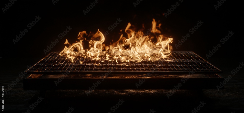 Poster a glowing fire on a metallic grid, creating a dramatic visual effect.