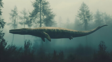 Fototapeta premium Enigmatic prehistoric marine reptile swimming through a mystical, fog-laden forest. A surreal and atmospheric scene.