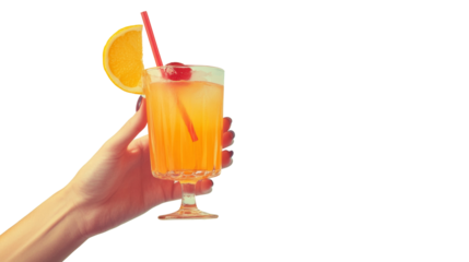 Vintage Retro Female Hand Holding a Cocktail. 1960s-70s Style on transparent Background