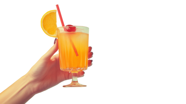 Vintage Retro Female Hand Holding a Cocktail. 1960s-70s Style on transparent Background
