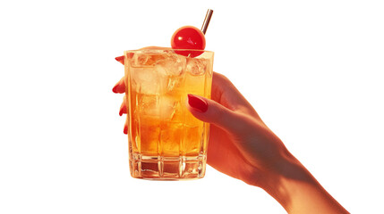 Vintage Retro Female Hand Holding a Cocktail. 1960s-70s Style on transparent Background
