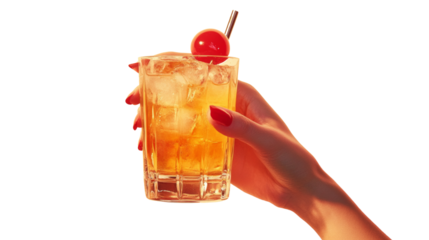 Vintage Retro Female Hand Holding a Cocktail. 1960s-70s Style on transparent Background