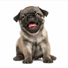 Obraz premium Studio shot of adorable pug puppy sitting on white background, panting and looking happy