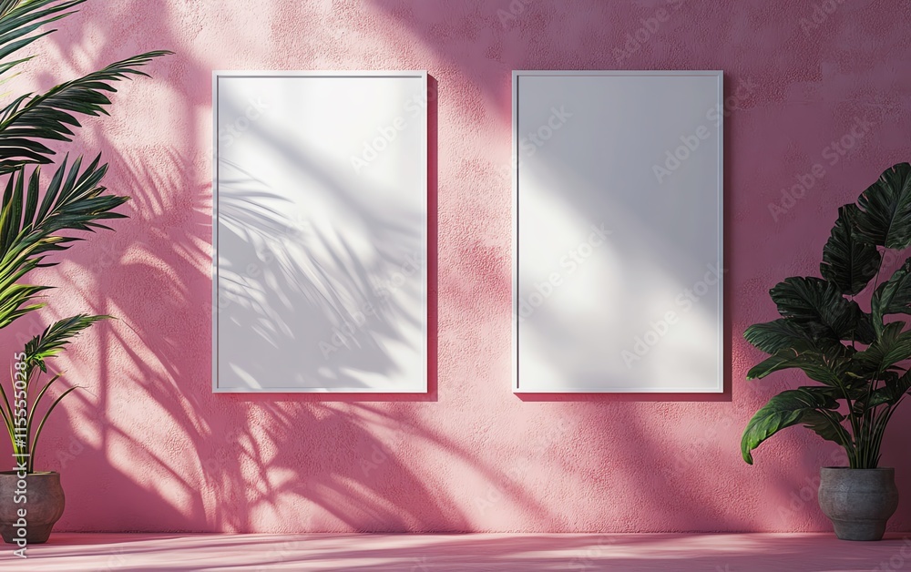 Poster a flat lay shot of two empty white vertical rectangle poster mockups with soft shadows on a pastel p