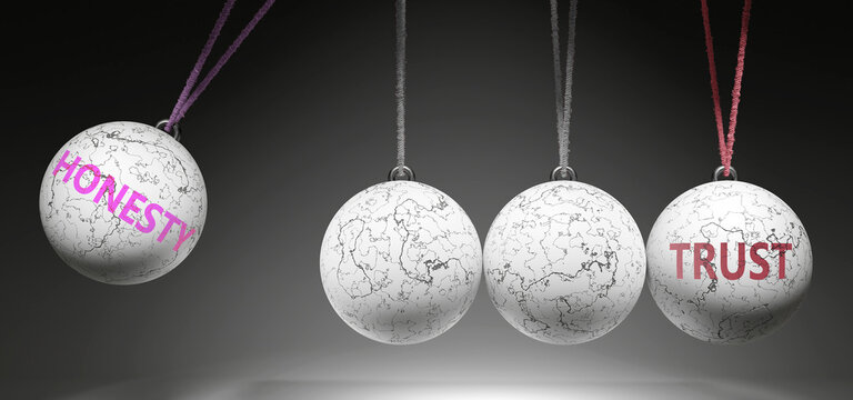 Honesty and Trust - cause and effect relationship. A Newton cradle metaphor showing how honesty results in trust. It initiates trust. ,3d illustration