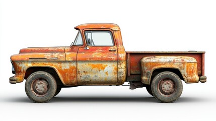 Rusty vintage pickup truck isolated on white background.