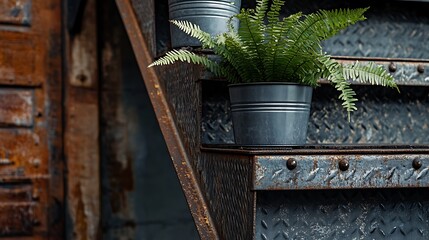 Potted fern on metal stairs with blurred rustic wood.