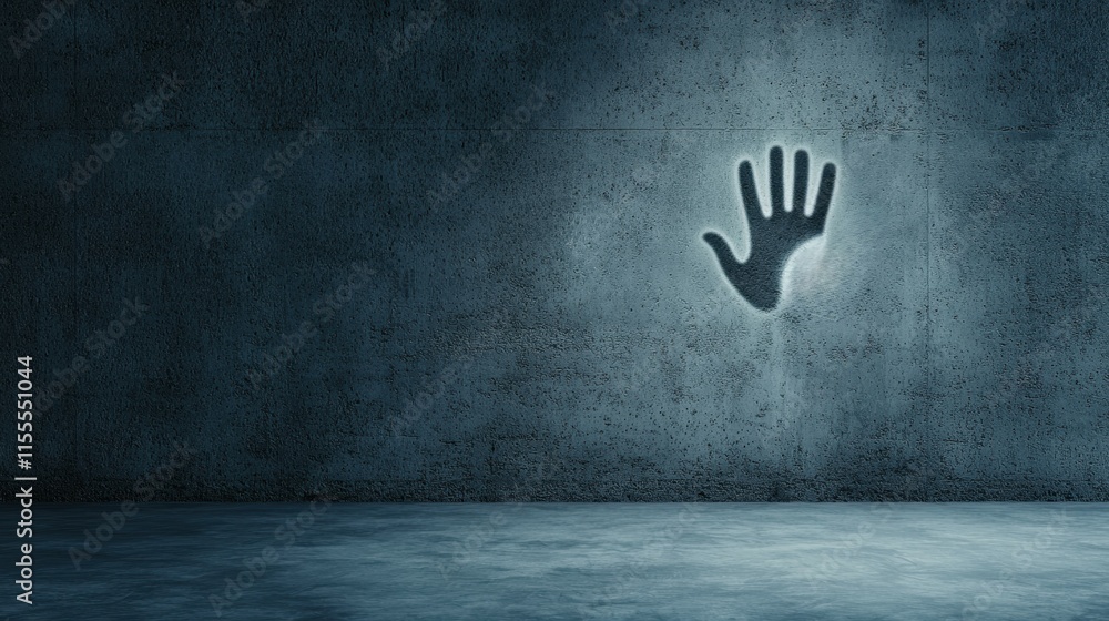 Poster glowing handprint imprint on wall illuminated by ethereal light source