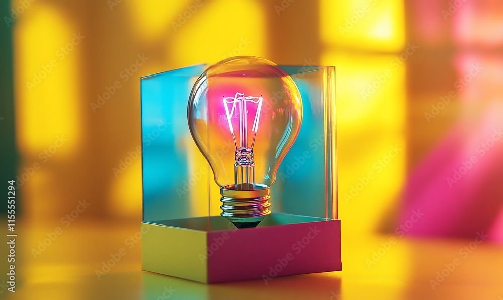 Poster a glowing light bulb displayed in a colorful box with vibrant background lighting.