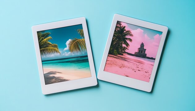 A two Polaroid photo mockup, featuring images of travel destinations, with one photo of a tropical beach and the other of a historic landmark, isolated on white
