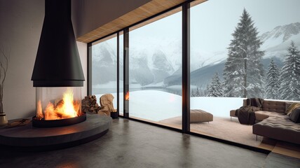 Relax in a spacious living room with a view of snowy mountains