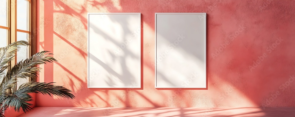 Aufkleber an elegant flat lay composition of two empty white vertical rectangle poster mockups with gentle sha