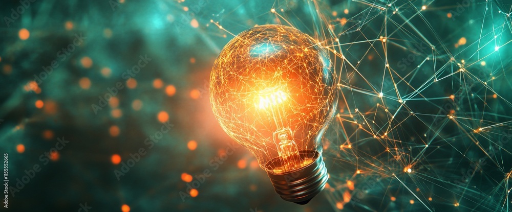 Poster a glowing light bulb surrounded by abstract digital connections and patterns.