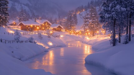 Cozy winter village at dusk with snow-laden trees and frozen river