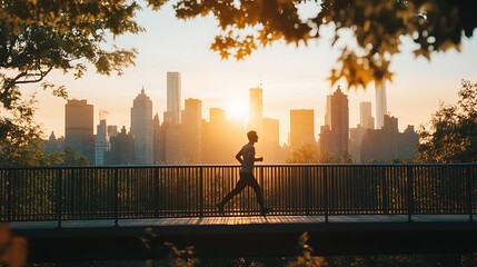 Silhouette of a runner on a bridge at sunrise with city skyline in background.