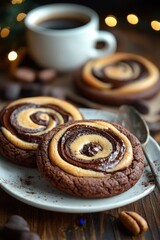 Fototapeta premium Soft Brownie Swirl Cookies with Peanut Butter Accent on a Rustic Cafe Table with Warm Coffee and Festive Bokeh Background