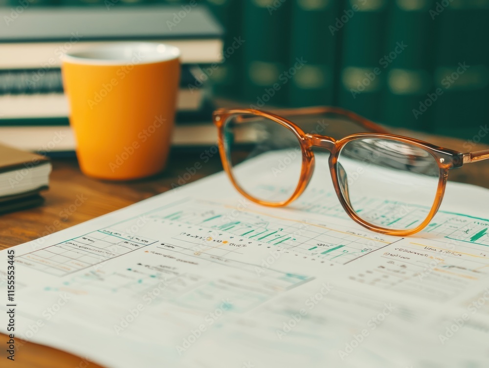 Aufkleber eyeglasses resting on business report with charts and graphs, showing progress and success