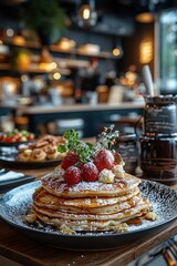 Fototapeta premium Delicious German Pancakes Styled with Fresh Berries and a Touch of Powdered Sugar in a Cozy Cafe Setting