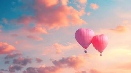 Naklejka premium Two Pink Heart Shaped Hot Air Balloons Soar Through Sunset Clouds