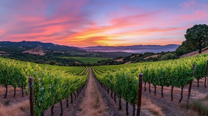 Obraz premium A beautiful sunset over a vineyard with a row of grape vines