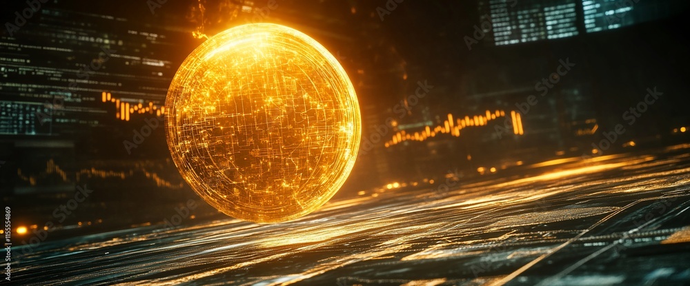 Poster a glowing sphere with digital patterns, symbolizing technology and data visualization.