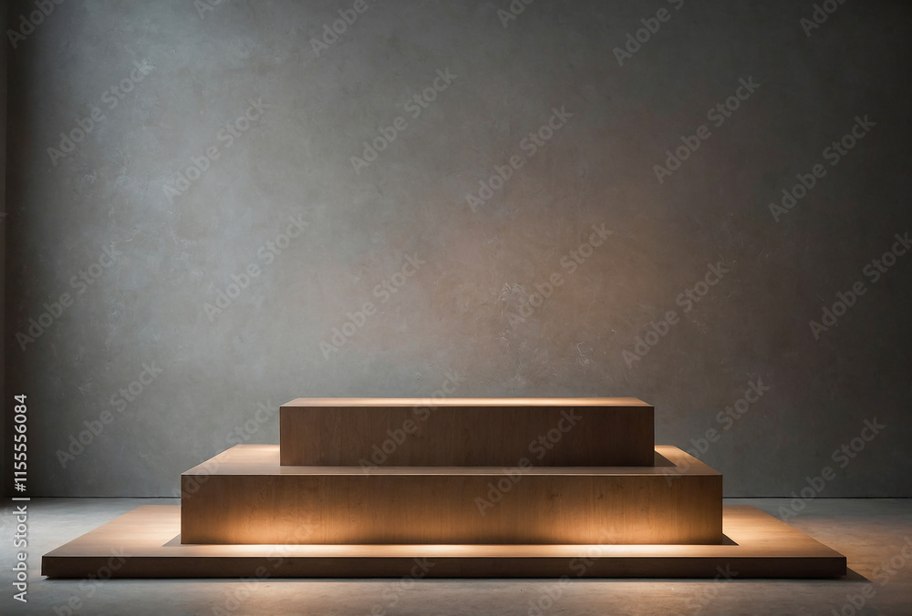 Poster minimalist podium with soft lighting. elegant display stand with gentle illumination for product pre