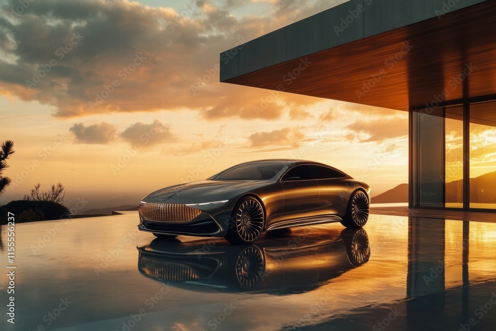 Poster luxury car showcased at sunset in a modern architecture setting with tranquil reflections. generativ