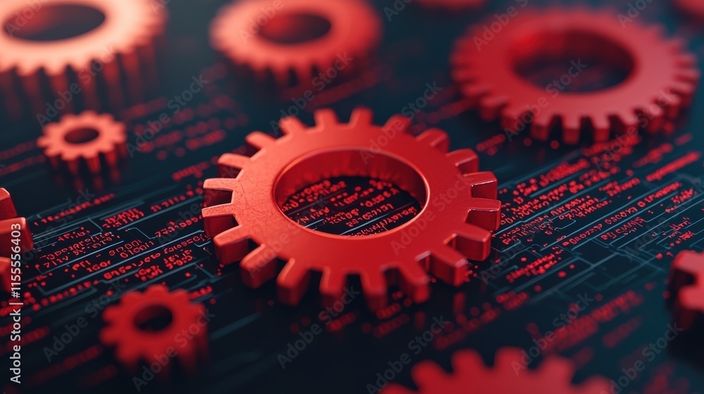 Poster Red gears rotating on circuit board, symbolizing digital mind and ai problem-solving