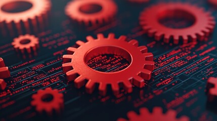 Red gears rotating on circuit board, symbolizing digital mind and ai problem-solving