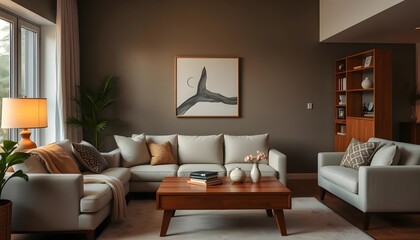 Modern Living Room Interior Design with Neutral Tones and Wooden Accents, featuring a Cozy Sectional Sofa and Stylish Coffee Table