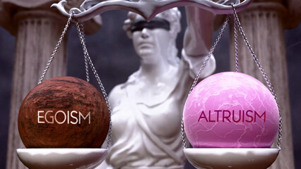 Egoism or Altruism as a choice, two options to choose from. Greek statue presenting two alternatives: egoism or altruism, weighing their values. Looking at pros and cons. ,3d illustration