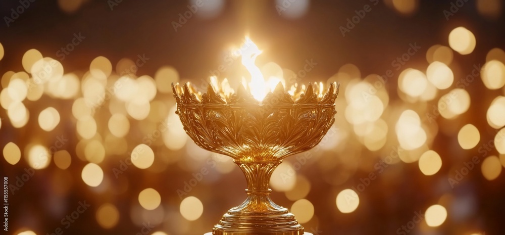 Poster a golden chalice with flames, surrounded by a soft bokeh of lights.