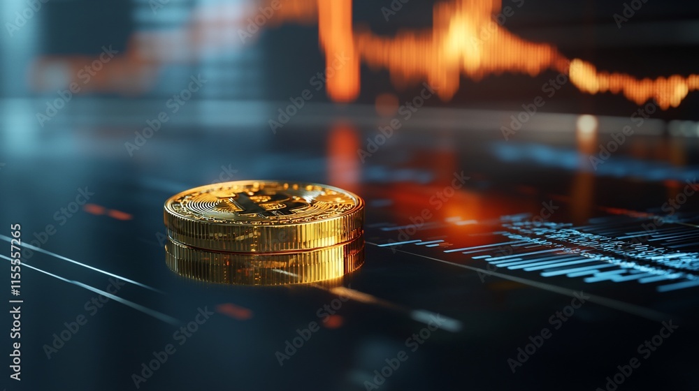 Poster a golden coin on a digital display with fluctuating financial data.