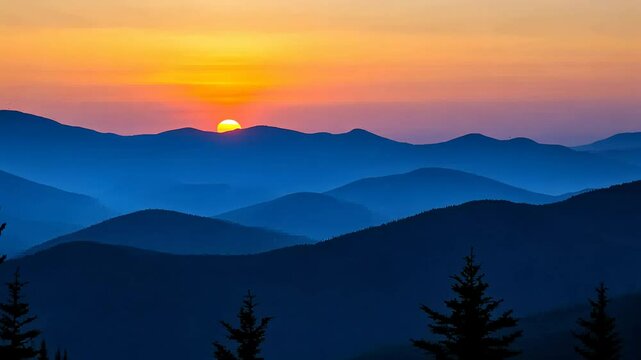 Sunset over blue ridge mountains with vibrant sky, scenic landscape. Natural beauty and tranquility concept