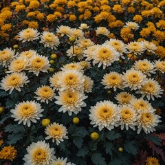 Fototapeta premium Autumn chrysanthemums surrounded by golden leaves.
