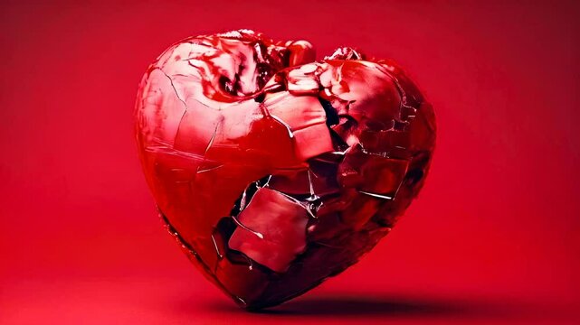 Broken Heart with cracks and staples on red background. Break Love symbol or medical cardiovascular health care problems. Cracked heart as concept of breakup and end of relationship