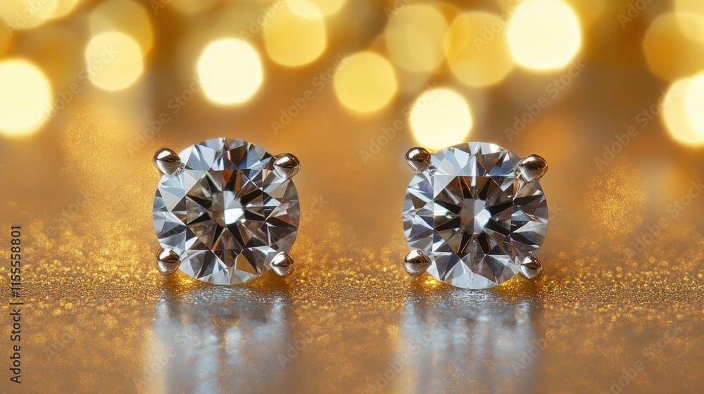 Poster elegant diamond studs with sparkling background in golden blur