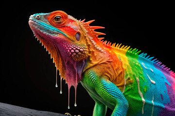 Obraz premium A 3D render of a rainbow-colored iguana made of fresh paint. The paint is dripping from the iguanas body. The background is black - generated by ai
